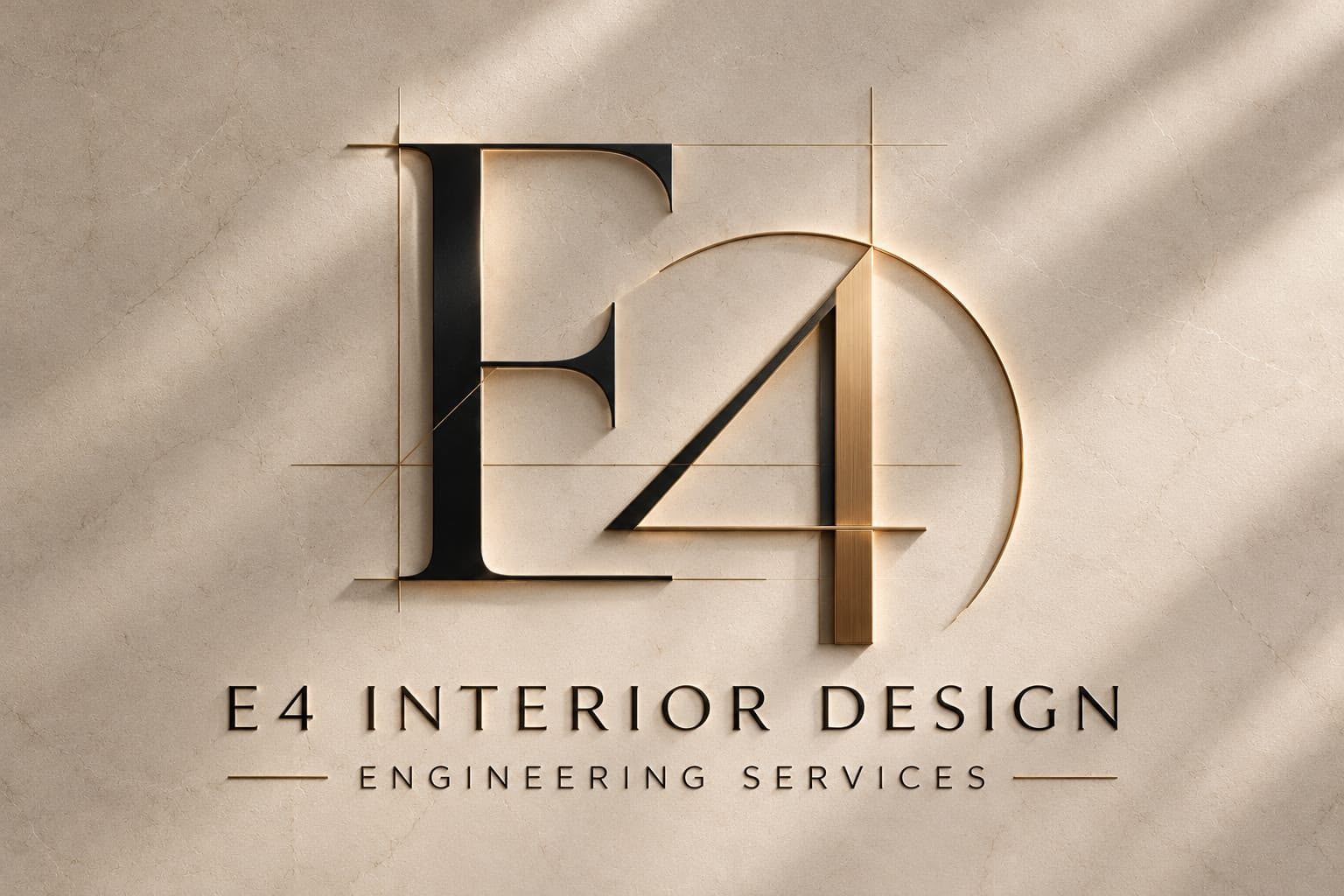 E4 Interior Design · Engineering Services logo set in a stone wall