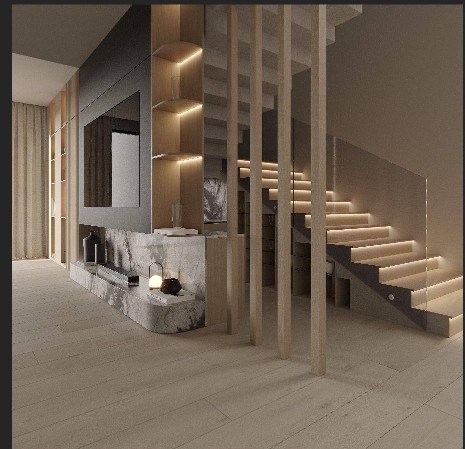 Floating stair with LED-lit treads behind a slatted oak screen, beside a stone fireplace wall